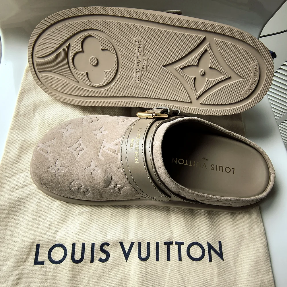 Louis Vuitton Beige Monogram Clogs with Gold Accent - Picture 4 of 7
